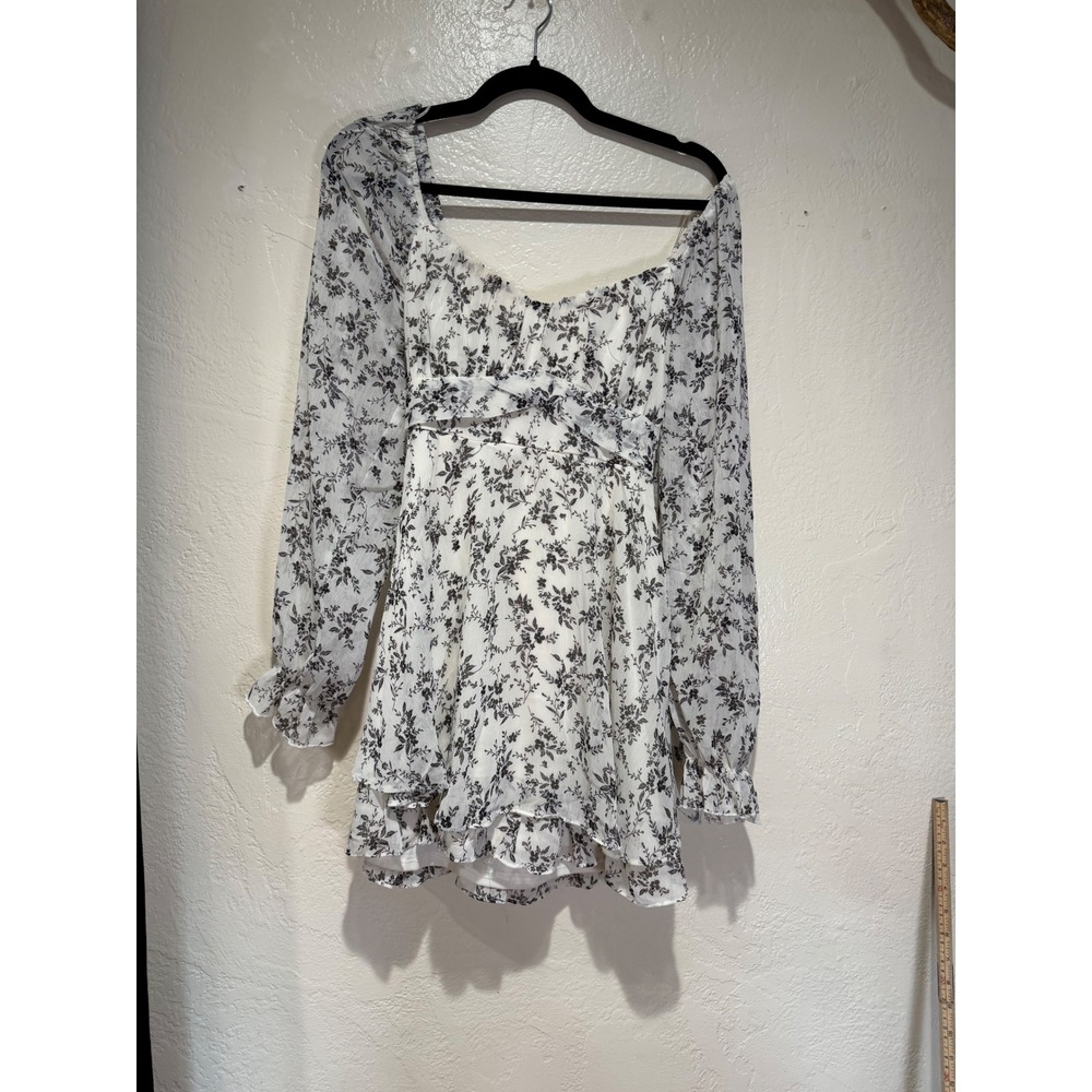 Thirty Thirty LA Floral Mini Dress XL White Black Long Sleeve Ruffle Tie Back